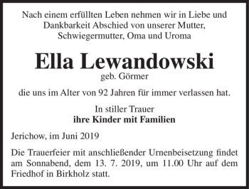 Traueranzeige von Ella Lewandowski (geb. Görmer)  von Magdeburger Volksstimme