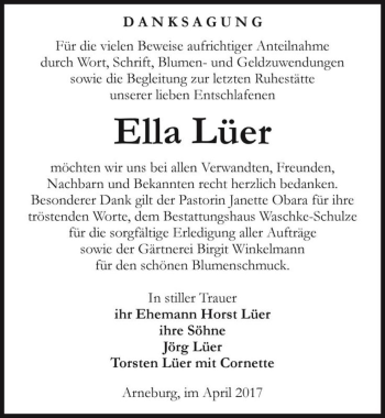 Traueranzeige von Ella Lüer  von Magdeburger Volksstimme