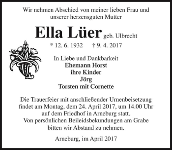 Traueranzeige von Ella Lüer (geb. Ulbrecht)  von Magdeburger Volksstimme