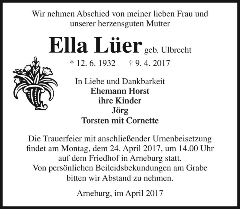  Traueranzeige für Ella Lüer (geb. Ulbrecht)  vom 12.04.2017 aus Magdeburger Volksstimme