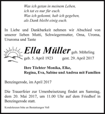 Traueranzeige von Ella Müller (geb. Möhrling)  von Magdeburger Volksstimme
