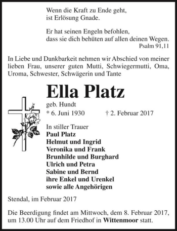 Traueranzeige von Ella Platz (geb. Hundt)  von Magdeburger Volksstimme
