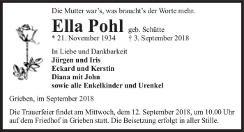 Traueranzeige von Ella Pohl (geb. Schütte)  von Magdeburger Volksstimme