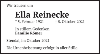 Traueranzeige von Ella Reinecke  von Magdeburger Volksstimme