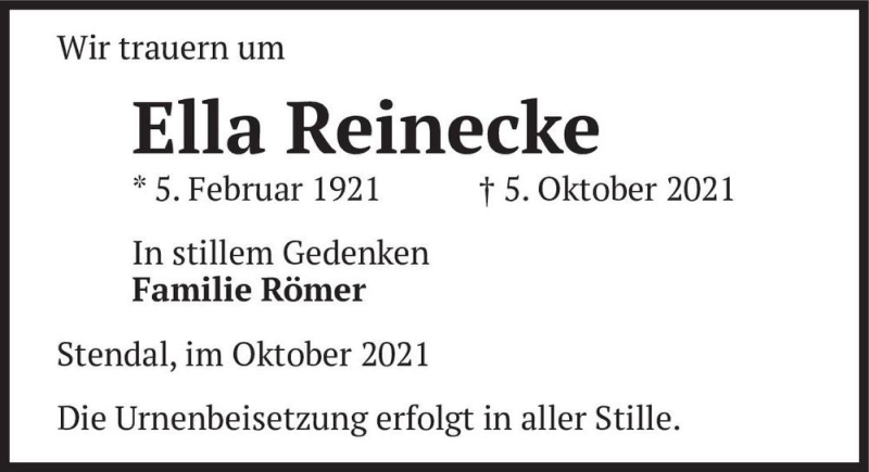  Traueranzeige für Ella Reinecke  vom 09.10.2021 aus Magdeburger Volksstimme