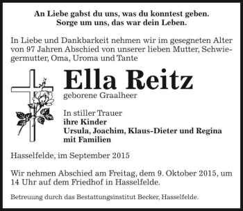 Traueranzeige von Ella Reitz (geb. Graalheer)  von Magdeburger Volksstimme