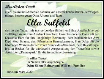 Traueranzeige von Ella Salfeld  von Magdeburger Volksstimme