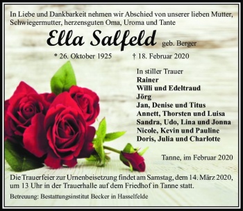 Traueranzeige von Ella Salfeld (geb. Berger)  von Magdeburger Volksstimme