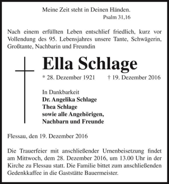 Traueranzeige von Ella Schlage  von Magdeburger Volksstimme