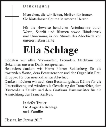 Traueranzeige von Ella Schlage  von Magdeburger Volksstimme