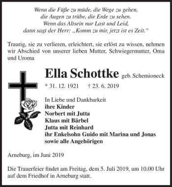 Traueranzeige von Ella Schottke (geb. Schemioneck)  von Magdeburger Volksstimme