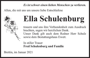 Traueranzeige von Ella Schulenburg  von Magdeburger Volksstimme