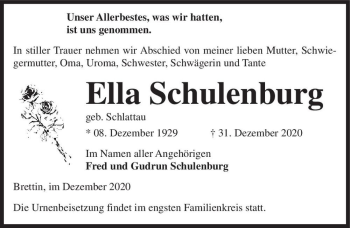 Traueranzeige von Ella Schulenburg (geb. Schlattau)  von Magdeburger Volksstimme