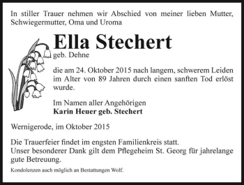 Traueranzeige von Ella Stechert geb. Dehne  von Magdeburger Volksstimme