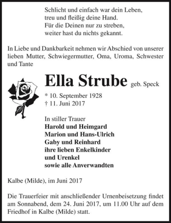 Traueranzeige von Ella Strube (geb. Speck)  von Magdeburger Volksstimme