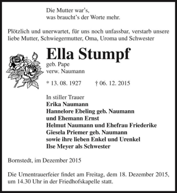 Traueranzeige von Ella Stumpf (geb. Pape) (verw. Naumann)  von Magdeburger Volksstimme