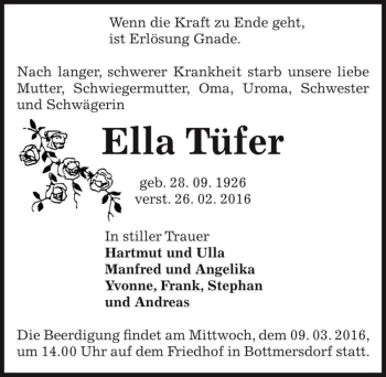 Traueranzeige von Ella Tüfer  von Magdeburger Volksstimme