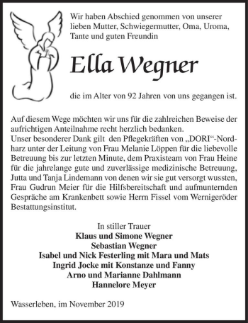 Traueranzeige von Ella Wegner  von Magdeburger Volksstimme