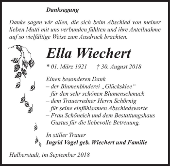 Traueranzeige von Ella Wiechert  von Magdeburger Volksstimme