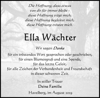 Traueranzeige von Ella Wächter  von Magdeburger Volksstimme