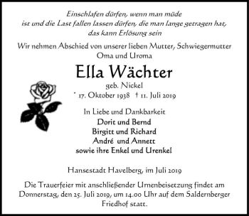 Traueranzeige von Ella Wächter (geb. Nickel)  von Magdeburger Volksstimme