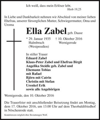 Traueranzeige von Ella Zabel (geb. Daase)  von Magdeburger Volksstimme