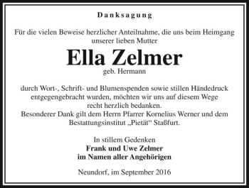 Traueranzeige von Ella Zelmer (geb. Hermann)  von Magdeburger Volksstimme