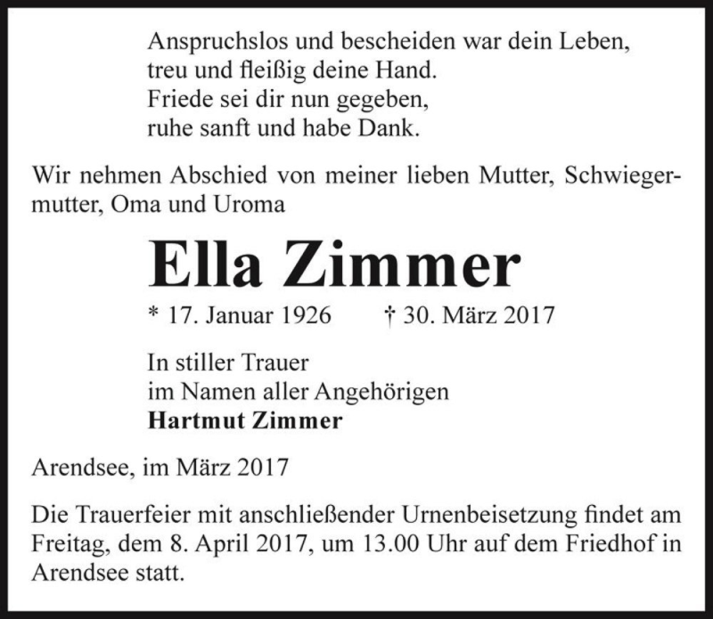  Traueranzeige für Ella Zimmer  vom 01.04.2017 aus Magdeburger Volksstimme