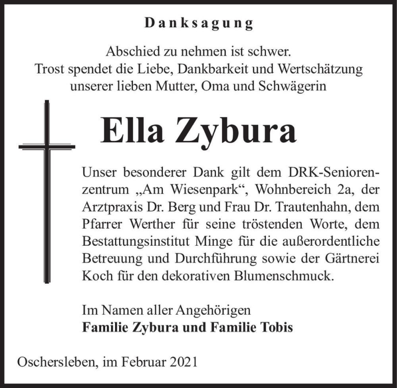  Traueranzeige für Ella Zybura  vom 20.02.2021 aus Magdeburger Volksstimme