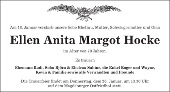 Traueranzeige von Ellen Anita Margot Hocke  von Magdeburger Volksstimme