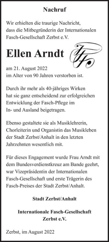 Traueranzeige von Ellen Arndt  von Magdeburger Volksstimme