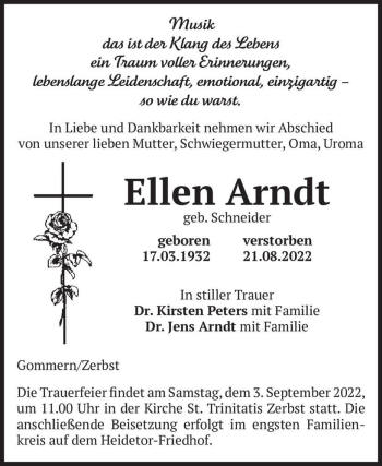 Traueranzeige von Ellen Arndt (geb. Schneider)  von Magdeburger Volksstimme