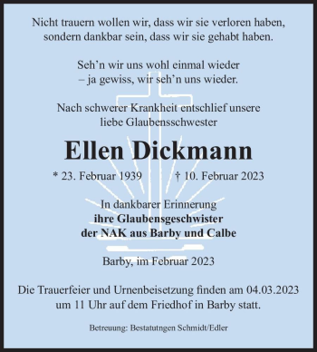 Traueranzeige von Ellen Dickmann  von Magdeburger Volksstimme