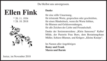 Traueranzeige von Ellen Fink  von Magdeburger Volksstimme