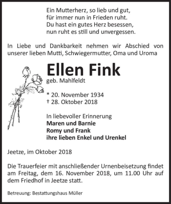Traueranzeige von Ellen Fink (geb. Mahlfeldt)  von Magdeburger Volksstimme