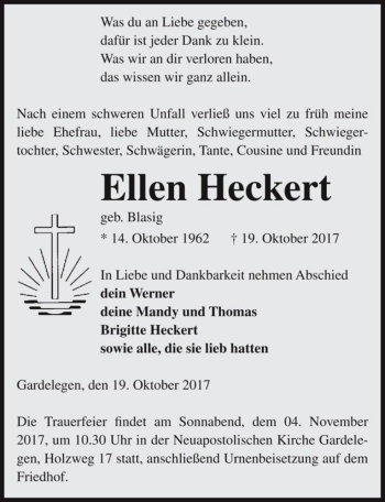 Traueranzeige von Ellen Heckert (geb. Blasig)  von Magdeburger Volksstimme