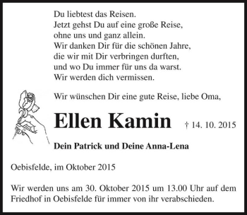 Traueranzeige von Ellen Kamin  von Magdeburger Volksstimme