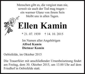 Traueranzeige von Ellen Kamin  von Magdeburger Volksstimme