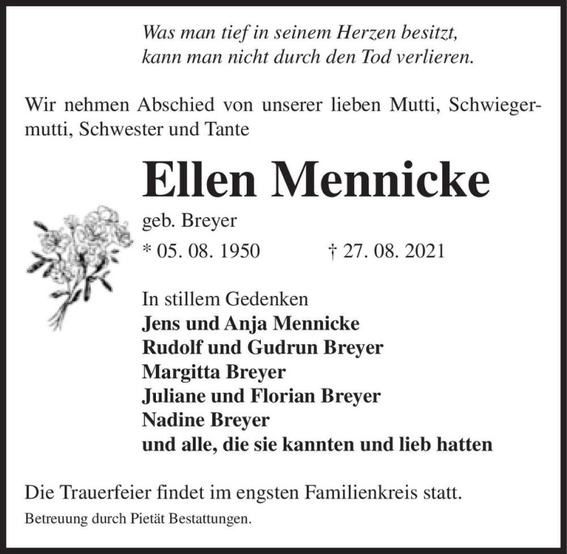  Traueranzeige für Ellen Mennicke (geb. Breyer)  vom 11.09.2021 aus Magdeburger Volksstimme