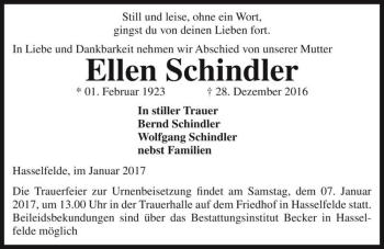Traueranzeige von Ellen Schindler  von Magdeburger Volksstimme