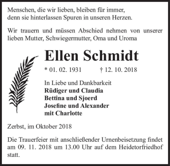 Traueranzeige von Ellen Schmidt  von Magdeburger Volksstimme