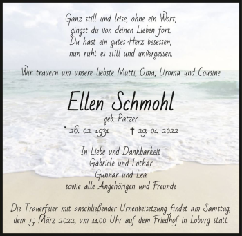 Traueranzeige von Ellen Schmohl (geb. Patzer)  von Magdeburger Volksstimme