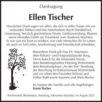 Traueranzeige von Ellen Tischer  von Magdeburger Volksstimme