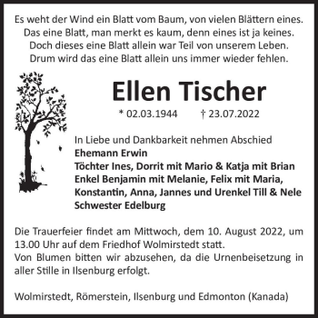 Traueranzeige von Ellen Tischer  von Magdeburger Volksstimme