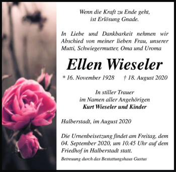 Traueranzeige von Ellen Wieseler  von Magdeburger Volksstimme