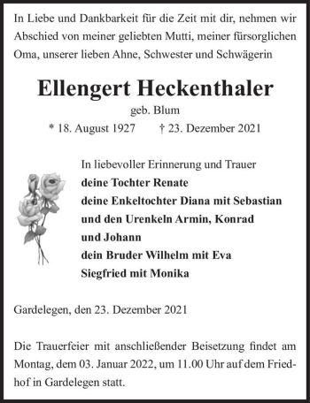 Traueranzeige von Ellengert Heckenthaler (geb. Blum)  von Magdeburger Volksstimme