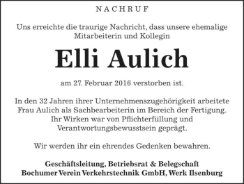 Traueranzeige von Elli Aulich  von Magdeburger Volksstimme