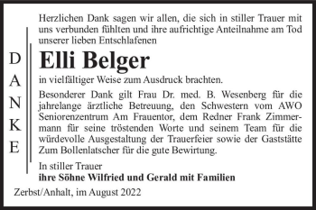 Traueranzeige von Elli Belger  von Magdeburger Volksstimme