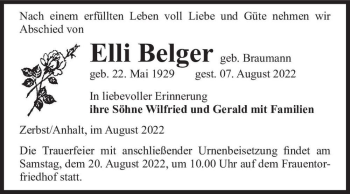 Traueranzeige von Elli Belger (geb. Braumann)  von Magdeburger Volksstimme