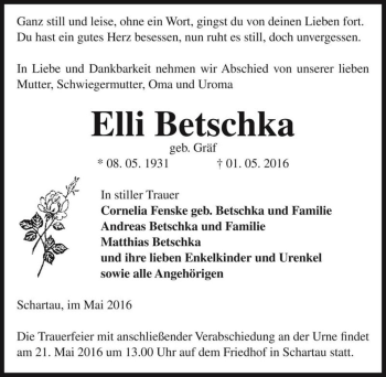 Traueranzeige von Elli Betschka (geb. Gräf)  von Magdeburger Volksstimme